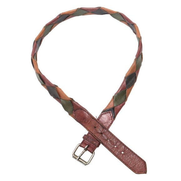 Vintage Vacher France Leather Belt Patchwork Diamond 80s Soft Brown Yellow Green - Picture 5 of 9